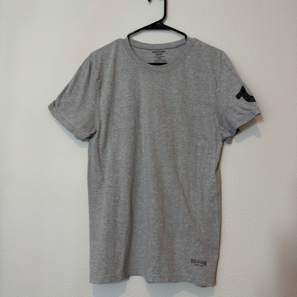 True Religion T-Shirt Mens Medium Gray Good Horseshoe Sleeve Logo Crewneck Tee